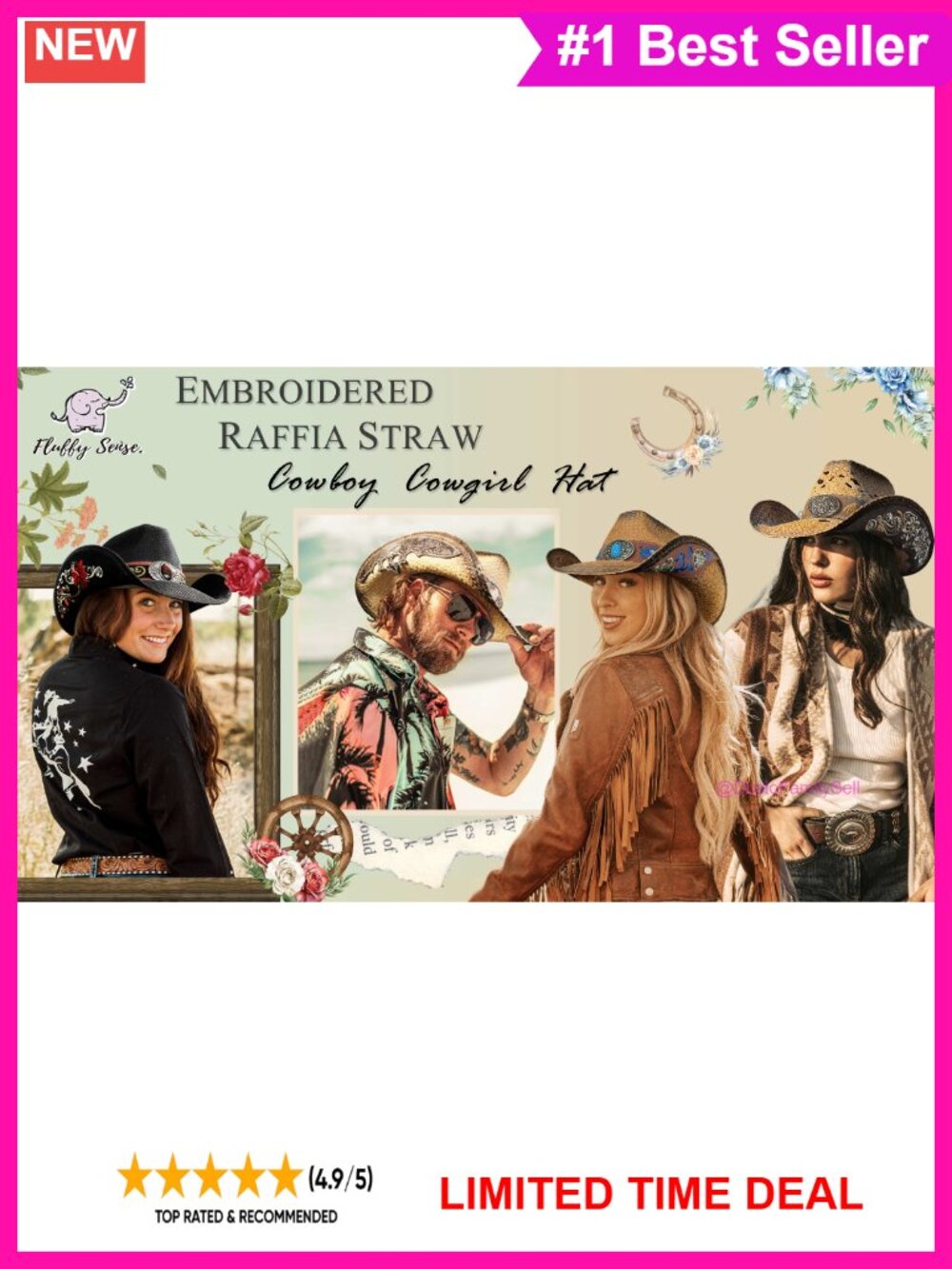 Handmade Straw Western Cowboy Hat Floral Embroidered Adjustable - Picture 6 of 6